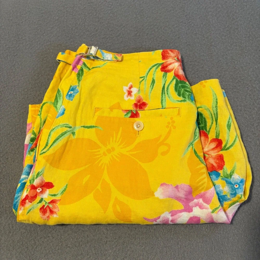 Lauren Ralph Lauren Shorts Womens 6 Yellow Floral Tropical 100% Linen High Rise